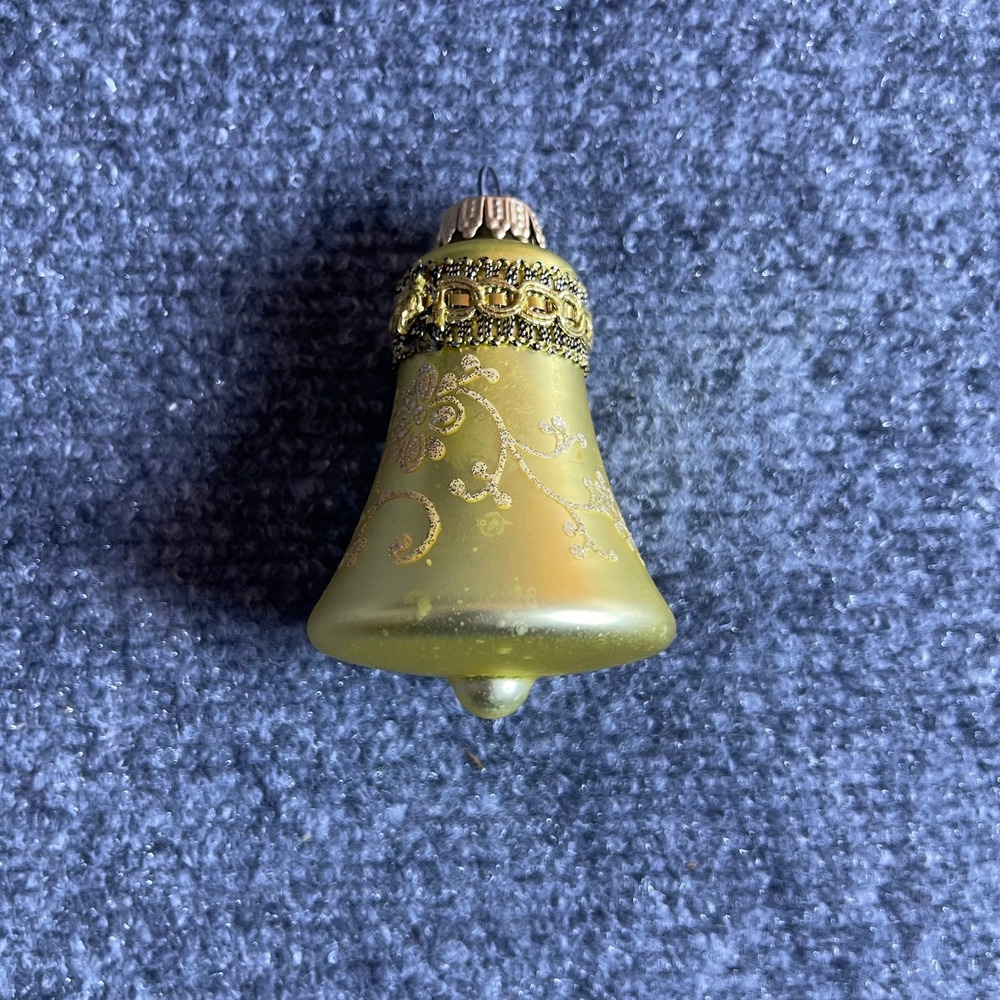 Shiny Brite Vintage Glass Bell Ornament Green Floral Gold Trim Mid-Century